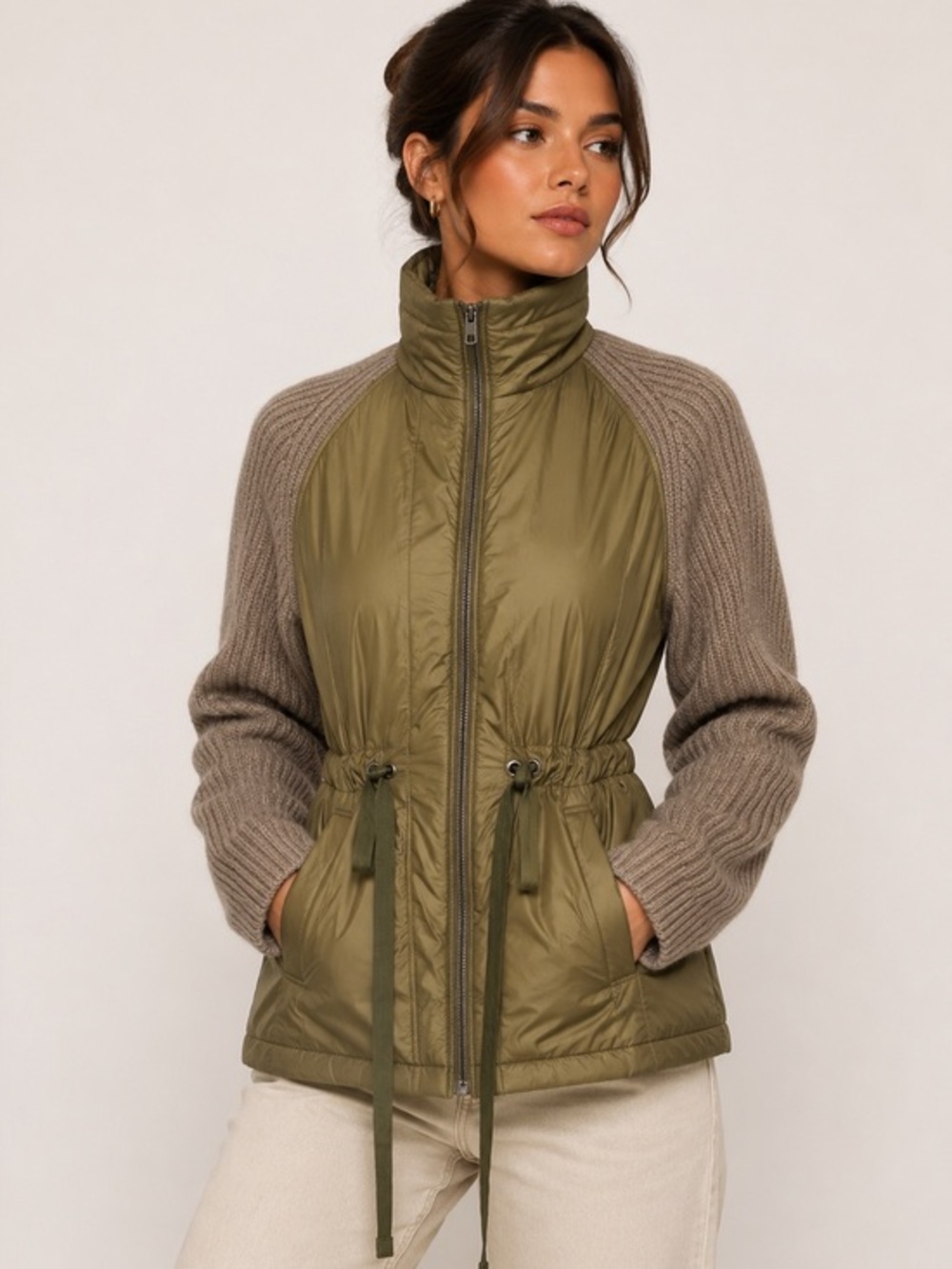White + Warren Olive Yak Wool Quilted Blend Knit Sleeve Jacket Coat Utility S - Picture 1 of 6